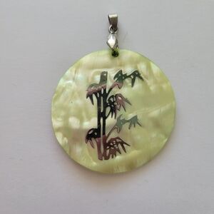 Vintage Mother of Pearl Pendant Medallion Hand Painted Bamboo